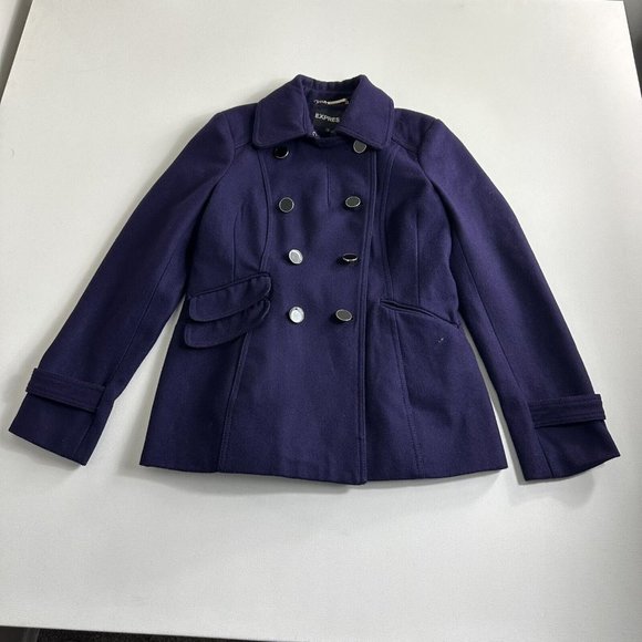 Express‎ Womens Pea Coat Double Breasted Wool Blend Size M Purple Long Sleeves - Picture 1 of 12